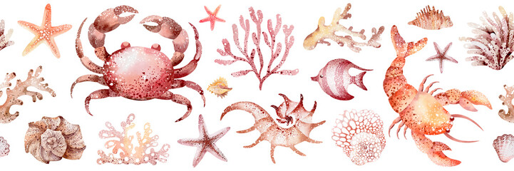 marine seamless border of underwater marine animals and plants octopus, seahorses, crabs, starfish, jellyfish. Marine inhabitants of the underwater world. Sea border isolated on white background