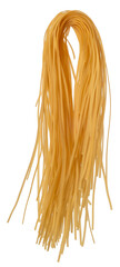 Artisanal raw linguini pasta with curvature after hanging for drying