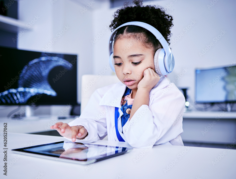 Sticker Education, headphones and black girl with elearning on tablet with childhood development. Studying, typing and tech with female child with reading for lessons with online app and software with kid.