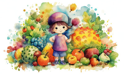 Children's Book Illustration: Boy with Pile of Fruits. Created using generative AI tools