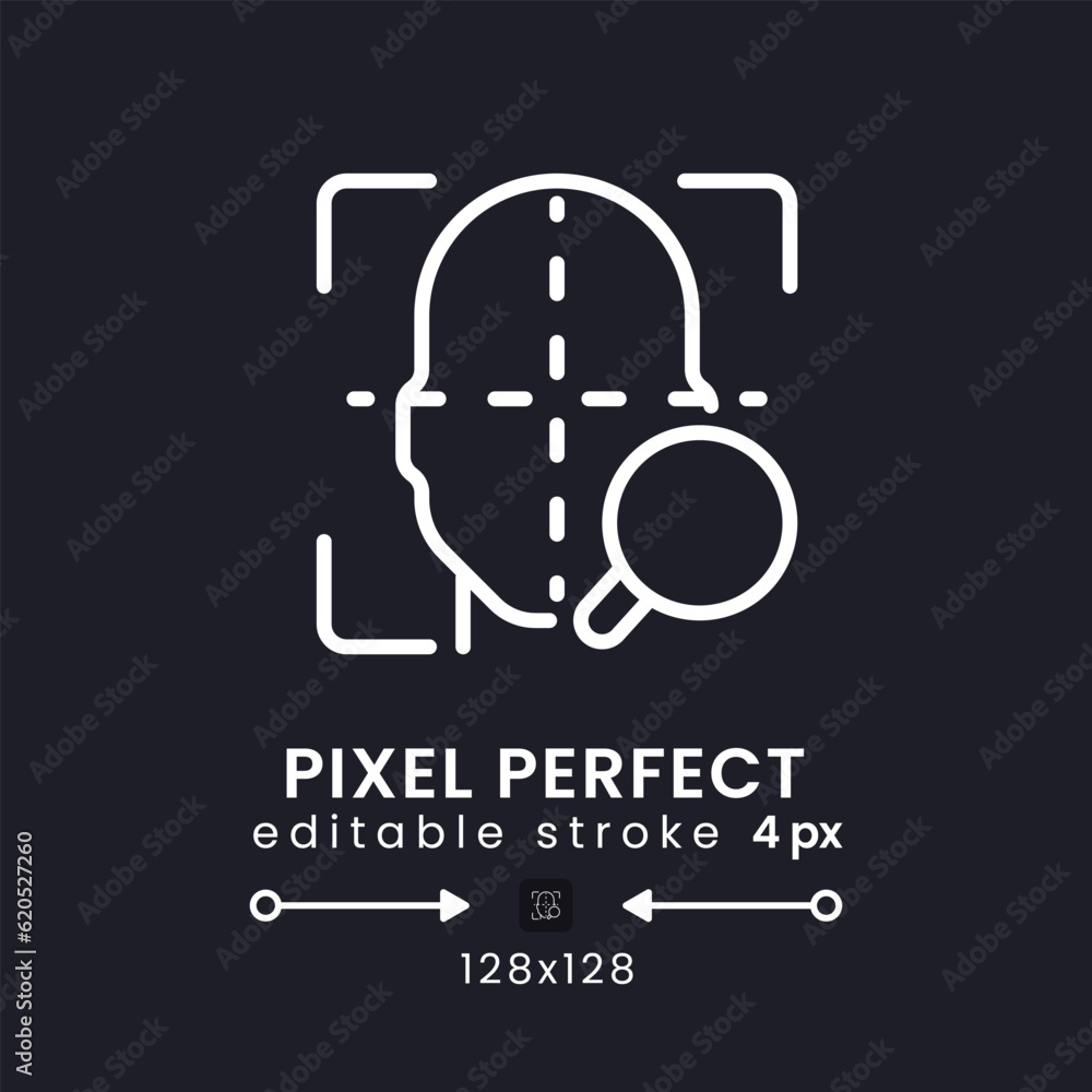 Poster facial coding white linear desktop icon on black. face recognition. measuring human emotions. pixel 
