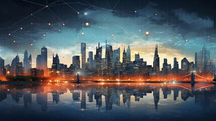 Cityscape with graphic of network concept, sunset