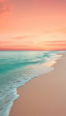 A minimalist photograph of a white sand beach and turquoise sea at golden sunset, with clean lines and vibrant colors, exuding serenity and harmony