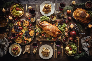 Christmas or Thanksgiving festive food on wooden table, top down view. Generative Ai