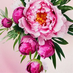 An abstract bouquet of pink peonies takes center stage on pastel background, featuring bright buds and delicately blossoming flower. This artistic composition captures beauty and elegance. AI