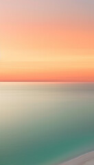 A minimalist photograph of a white sand beach and turquoise sea at golden sunset, with clean lines and vibrant colors, exuding serenity and harmony