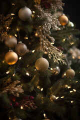 Christmas tree decorated with ornaments and lights. Indoor, close up. Generative Ai