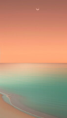 A minimalist photograph of a white sand beach and turquoise sea at golden sunset, with clean lines and vibrant colors, exuding serenity and harmony