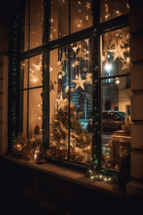 Decorated window in Christmas festive ornaments and lights. Nostalgia concept. Generative AI