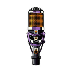 Cartooned podcast mic using purple and black, gold accents, low detail