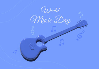 Music day 3d with music notes and guitar, happy music day