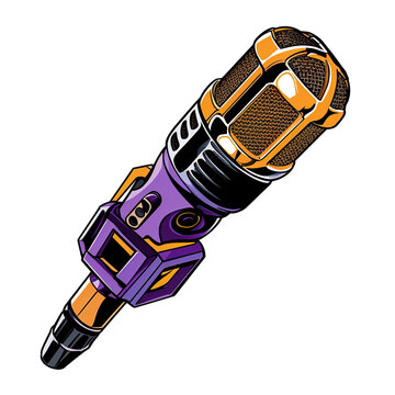 Cartooned podcast mic using purple and black, gold accents, low detail