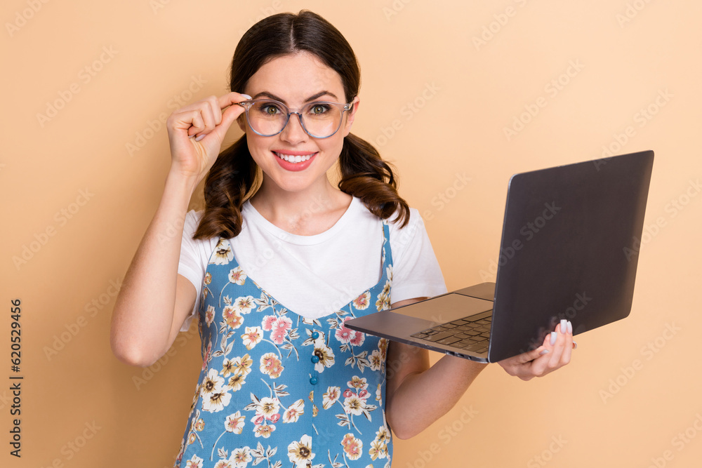 Sticker portrait of positive adorable woman with tails hairstyle dressed white shirt hold laptop touch glass