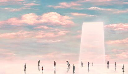 Conceptual art, surreal painting, Crowd of people and a door in the sky, cloud painting, success motivation hope heaven ambition and dream concept, 3d illustration