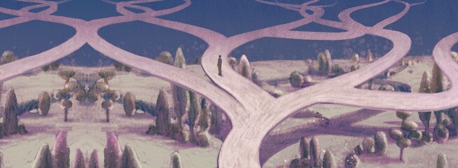 Concept idea art of  choice success hope dream way and motivation. surreal landscape painting. A lost man with floating road , imagination artwork, conceptual illustration