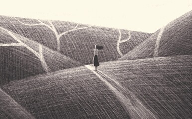 Lonely woman on the way. surreal art. concept of choice. © Jorm Sangsorn