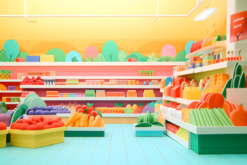 Children paper cut of supermarket, village, tree, red, child, illustration 