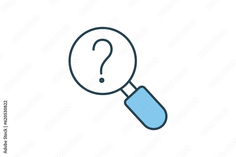 Poster question icon with magnifying glass. help search. flat line icon style design. simple vector design 