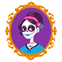Vector illustration for the Mexican holiday of the day of the dead. Picture of portrait framed dead girl for package or fabric print