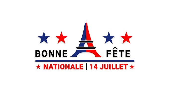 Bastille day, Bonne Fete Nationale, 14 Juillet (French Translation: Happy 14th of July National Day). Animation text on the white screen alpha channel. Great for celebrations of French society. 