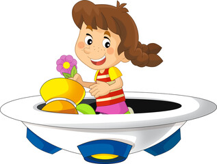 Cartoon kid on a toy funfair space ship or star ship amusement park or playground isolated illustration for children
