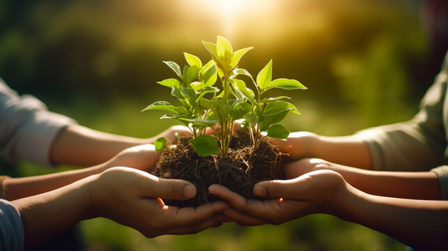 Hands holding young plant on green nature background. Concept eco earth day. Banner. Generative AI