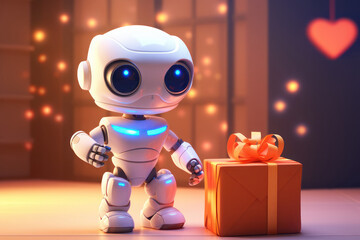 Cute robot with a gift, a heart in the background. AI generative.