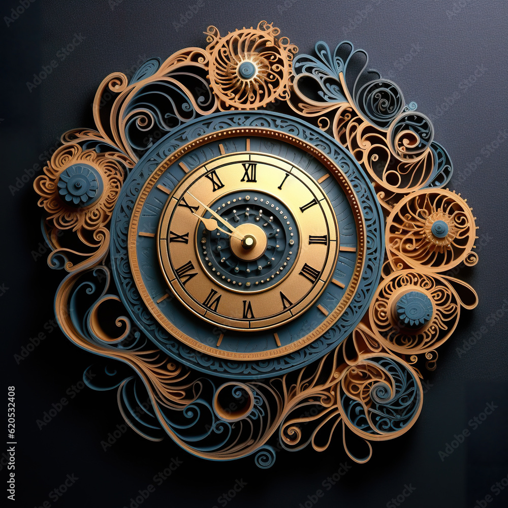 Poster a clock made of paper with gears and a clock face. generative ai.