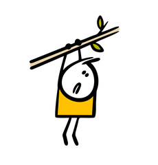 Tired stickman bully is hanging on a tree branch and is afraid to fall down. Vector illustration of a boy with a problem.