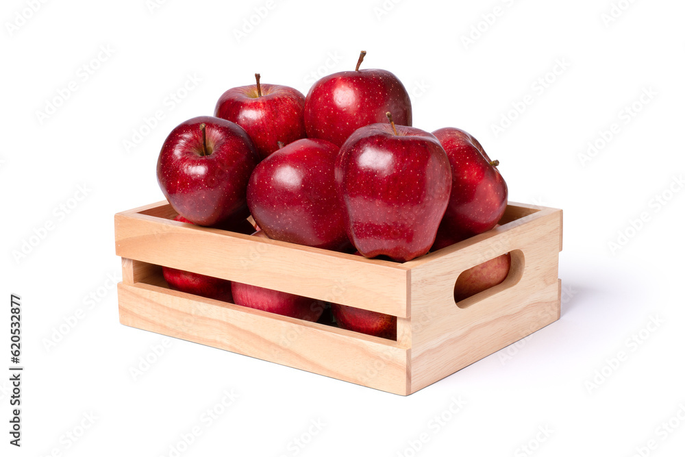 Wall mural Red apple in wooden box (crate) isolated on white background with clipping path