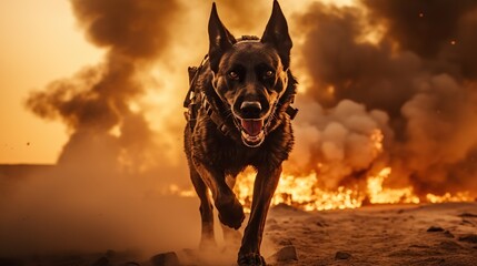 Black German Shepherd Sprints Amidst Flames - Generative ai