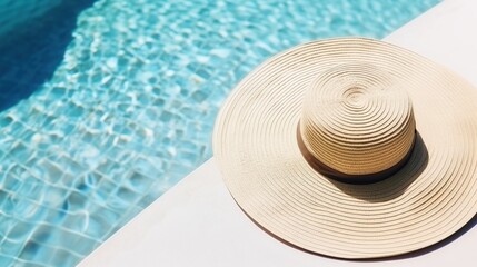 Fototapeta na wymiar Straw Hat Resting Near the Pool's Edge - Generative ai