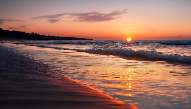 A realistic image of a sunset on the beach, with warm orange tones in the sky, and waves gently lapping at the shore. Shot from a low angle to capture the sense of peace ,AI generated