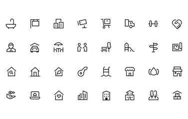 Real estate line web icon set. Included real estate, property, mortgage, home loan icons. Outline icons collection. Simple vector illustration.