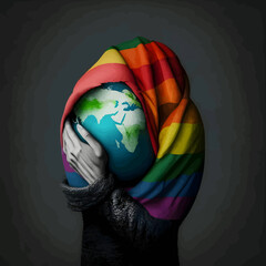 globe in hands with rainbow lgbt flag