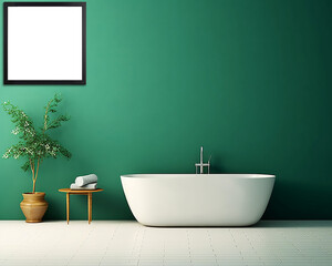 AI-Generated, Green Bathroom Wall Art Mockup, with Blank Frame, Designed for Showing Off Prints and Posters