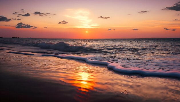 A realistic image of a sunset on the beach, with warm orange and pink tones in the sky, and waves gently lapping at the shore. Shot from a low angle to capture the sense of peace .,AI generated