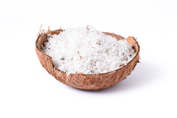 Shredded coconut, coconut flour, coco nut powder) in shell isolated on white background with clipping path.