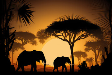 Fototapeta na wymiar Sunset in the savannah - silhouettes of elephants in the rays of the setting sun
