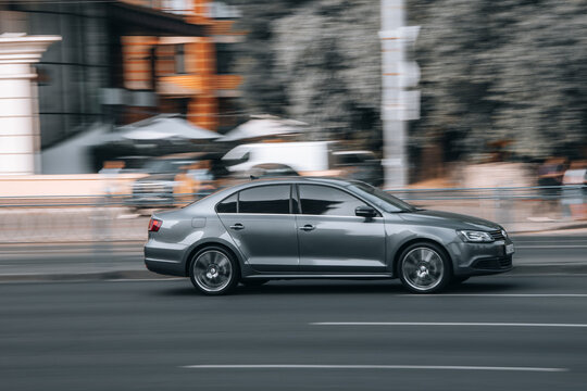 Ukraine, Kyiv - 16 Jule 2021: Gray Volkswagen Jetta car moving on the street. Editorial