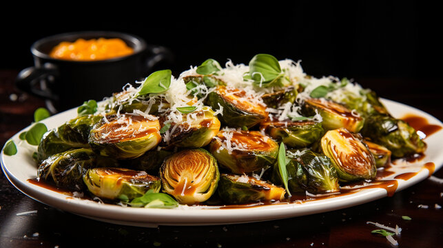 A plate of crispy roasted Brussels sprouts, seasoned with garlic, parmesan cheese, and a drizzle of balsamic glaze