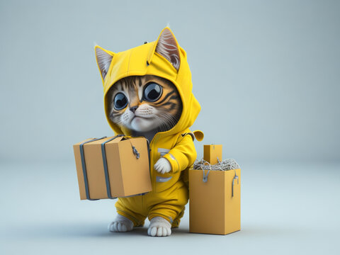 kitten in yellow messenger suit with parce - Ai Generated