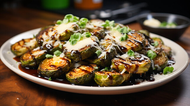A plate of crispy roasted Brussels sprouts, seasoned with garlic, parmesan cheese, and a drizzle of balsamic glaze