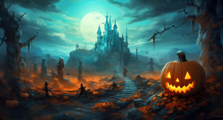 Fototapeta na wymiar horror pumpkin halloween night holiday dark bat moon grave cemetery. Generative AI.