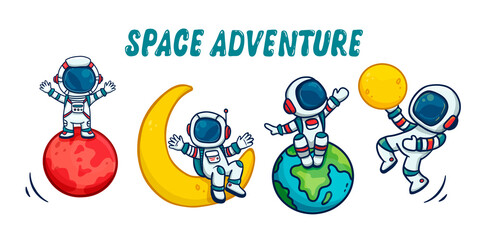  set of cartoon astronauts isolated on white background. Doodle style, for book.