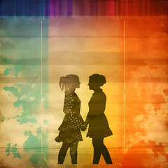Black silhouettes of two people in love against a background of rainbow LGBT colors