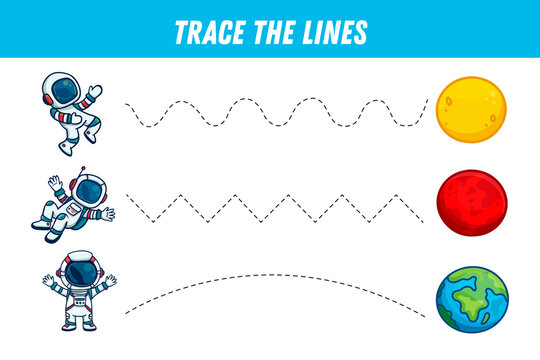 Tracing lines for kids. Cartoon astronaut and planets. Handwriting practice. Educational game for preschool kids. Activity page. 