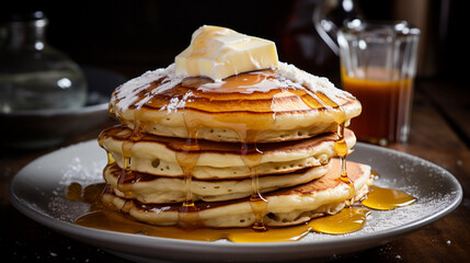 A stack of fluffy pancakes with a pat of melting butter and a drizzle of maple syrup