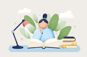 A female character is reading a book under the light of a lamp against the background of plants and clouds. Vector 3d illustration.