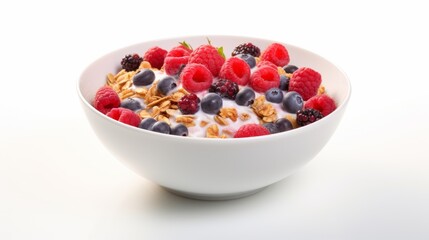Food photography breakfast - muesli bowl with berry fruits raspberry, blueberry, blackberry and cereal , isolated on white background (Generative Ai) - Powered by Adobe